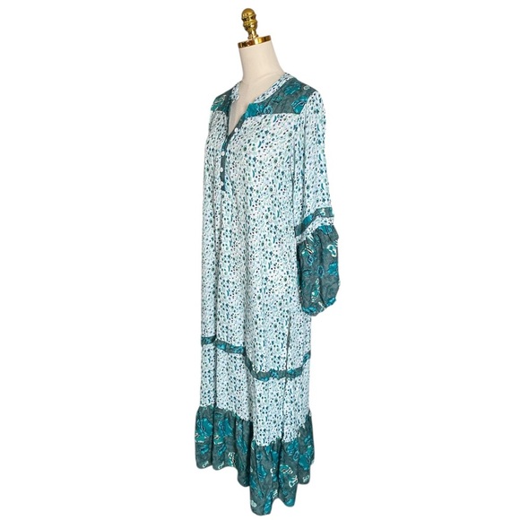 Retro Bohemian Green and White Floral Flowy Beach Vacation Maxi Dress Size XL - Picture 7 of 10